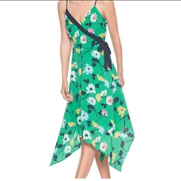 BANANA REPUBLIC Midi Dress Green Black Yellow Floral Flowy Size 6 - Picture 1 of 8